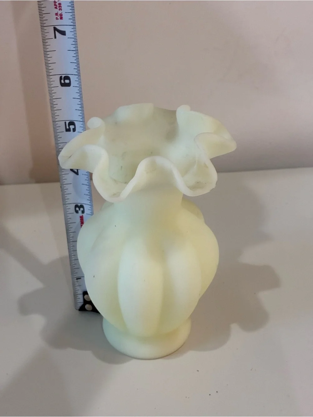Vintage Fenton Satin Custard Uranium Glass Ruffled Melon Vase - GLOWS!